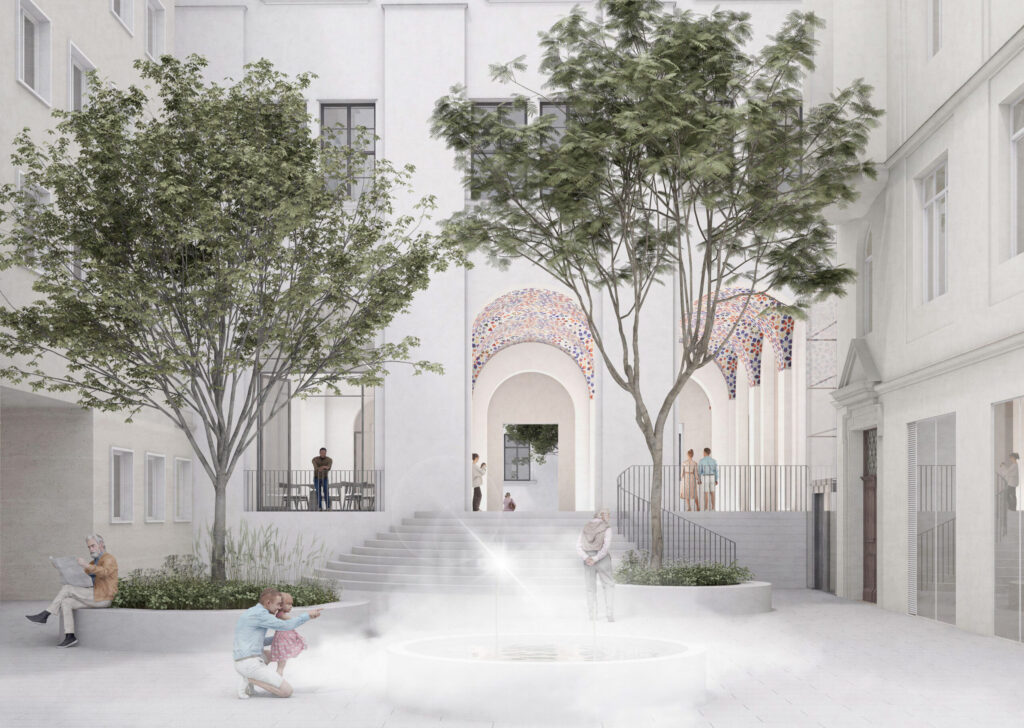 Mockup-up des Vorplatzes in der Wollzeile, auf dem sich mehrere Personen aufhalten und Kinder spielen